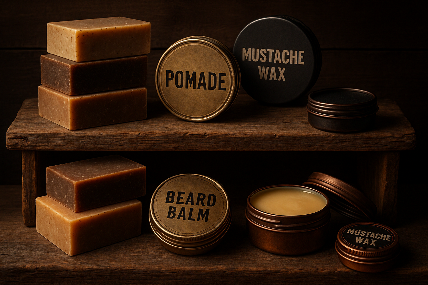 i need a bold display of rustic soaps, tins of products like pomades and mustache waxes